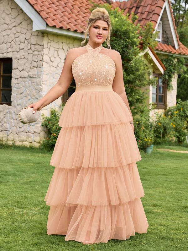 Plus Sequin Floral Lace Tie Halter Neck Contrast Mesh Ruffle Trim Tiered Layer Hem Formal Party Maxi Dress, Fall Dress, Elegant Prom, Wedding Guest Dress, Fairy Dress, For Birthday, Homecoming, Graduation, Dinner