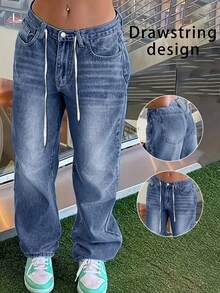 Women's Casual Loose Straight Leg Jeans, Paired With Waist Drawstring Decoration, Suitable For All Seasons, Back To School Season, Rural Concerts, Daily Outings, Parties - Rửa tối - Xem 3