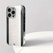 Advanced Black And White Leather Textured Silver Plated Phone Case (Suitable For IPhone 11,12,13,14,15,16 Plus Pro Promax  Galaxy S25 24 23 22 21 S20FE PLUS ULTRA A05 A06 A14 A15 A16 A24 A25 A26 A34 A35 A36 A54 A55 A56)  Brand New Fashionable, Minimalist Design, Cute Couple Protective Case - 銀色 - 查看 2