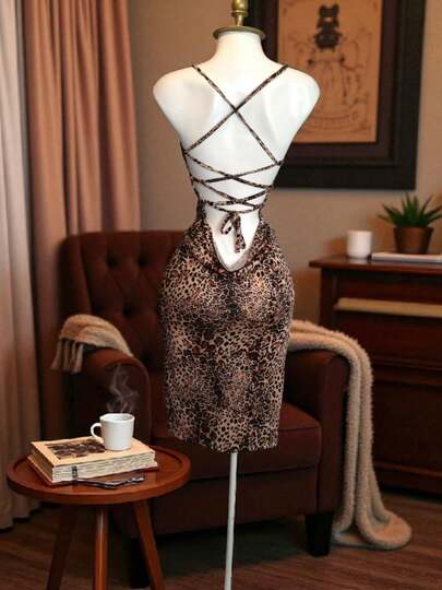 Vestido estampado aleopardado   Estampado de Leopardo    Dulce  Elegante    Contraste Lentejuelas    Formal y de noche  Vacación