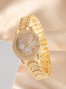 6件套奢华风格女士合金钢表带石英表，镶嵌钻石，三眼罗马数字和合金金首饰套装，心形钻石，适合晚宴派对 - 金色 - 查看 6
