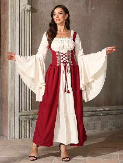 Robe de style palais vintage médiéval, col carré avec bordure à volants, manches évasées, blocs de couleurs avec ceinture à la taille, décoration en dentelle, vibe princesse, convient pour Halloween, représentation sur scène, soirée à thème, cosplay
