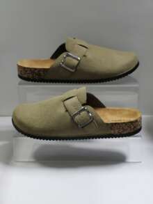 休闲男士沙滩鞋木拖鞋一脚蹬凉鞋夏季男女通用软木木屐办公室休闲闭趾拖鞋，加大码 - 卡其色 - 查看 4