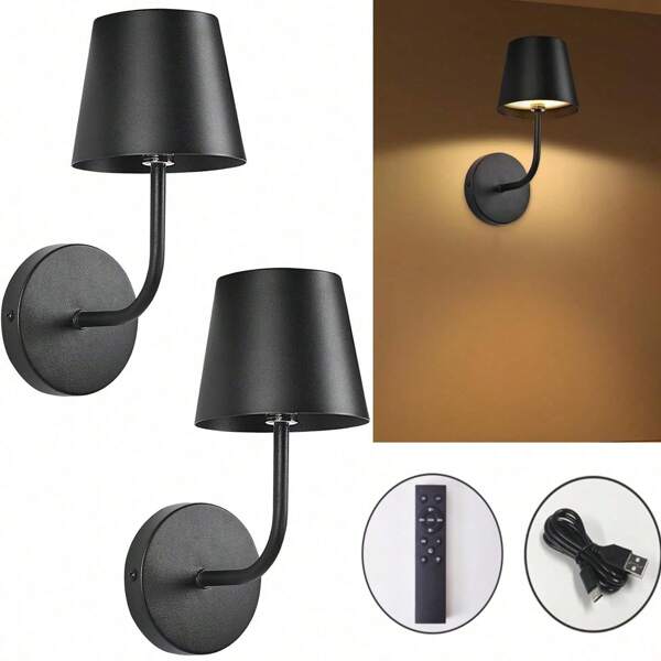 Metal LED Wireless Charging Wall Lamp 2 Pieces Set, Three-Color Light Source, Rechargeable Battery-Powered Lighting, Touch Remote Control, Stepless Dimming, Suitable For Bedrooms And Living Rooms