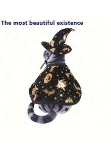 Cute Halloween Cat Witch Costume - Black And Gold Polyester Pet Costume With Wizard Hat And Star Pattern Cape, Includes Matching Collar - Multicolor - View 6