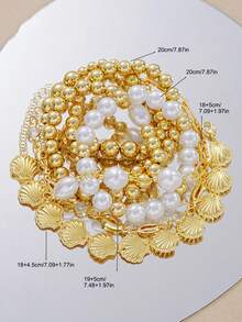 7pcs Vintage Elegant Boho Jewelry Set, Ocean Style Faux Pearl, Heart, Shell, Fan-Shaped Beaded Bracelets, Personalized Simple High-End Layered Bangle Bracelet, Suitable For Women Summer Beach Party, Dating, Daily Wear - 金黃色 - 查看 5