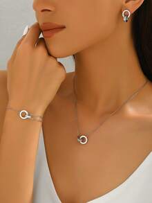 4 件套不锈钢简约奢华精致水钻罗马数字项链，百搭时尚独特设计，适合女性日常佩戴 - 銀色羅馬數位鑲鑽項鍊套裝 - 查看 2