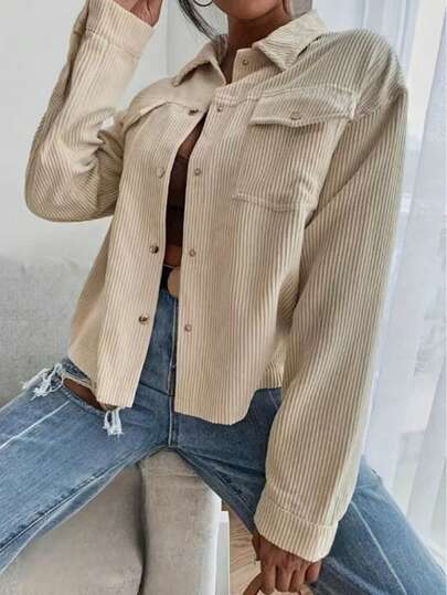 Damska swobodna kurtka sztruksowa z klapami, jesień/zima