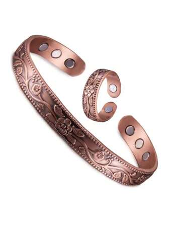 Juego de joyería magnética de cobre puro - Pulsera y anillo ajustables con flor brillante, energía y salud para la artritis