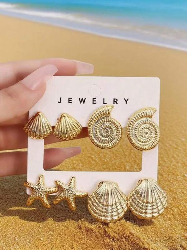 Conjunto de joyas con conchas, caracoles y estrellas de mar, de estilo lujoso oceánico, apropiado para la playa, viajes y vacaciones
