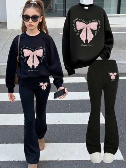 2 Pieces Teen Girls Soft Cute Slogan Bow Print Long Sleeve Hoodie Set, Teen Fashion For Lake Outing, Summer-Fall