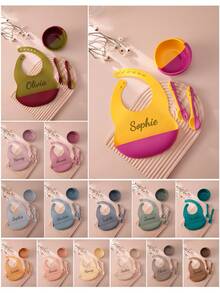 4PCS Personalized Customization Name Baby Silicone Tableware Suction Bowl Adjustment Bib Portable Spoon Fork Custom Color Contrast Dinner Set Back To School Winter Gift Ideas Boy Girl Valentine's Day, Letter, Ornamental, Exquisite, Stylish, Modern, Casual, Custom, Personalized, Unique, Customized, Ideal Gifts For Him, Ideal Gifts For Her, Son, Daughter - Multicolor - View 2