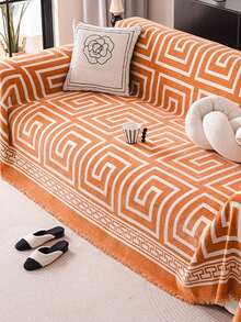 1 件套雪尼尔沙发盖毯，波西米亚叶子图案，柔软，宠物友好，可机洗，100% 涤纶，带沙发保护套，适用于卧室、客厅、家居装饰 - 橘色 - 查看 7