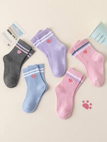 Disney 5双装儿童可爱运动双条纹米妮头像袜子，女童中筒袜，韩版卡通男童秋冬袜，婴儿袜 - 彩色 - 查看 7