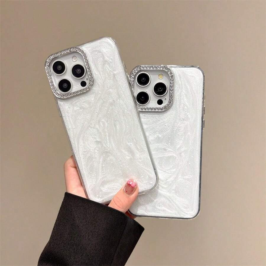 Resin Rhinestone Phone Case, Compatible With Apple 12 13 14 15 16, S25 A07, Pixel 8 9 10 Pro, - Simple White With Diamonds, High-End - Silver - View 1