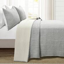 LUSH DECOR Solid Kantha Pick Stitch Yarn Dyed Cotton Woven Quilt/Coverlet Light Gray/White 3Pc Full/Queen Halloween-Fall Decor-Room Decor - 淺灰色/白色 - 查看 2
