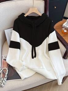 1 pieza Sudadera con capucha de punto de manga larga con cordón y bloque de color, suéter informal de calle para mujer, sudadera con bolsillo versátil y de moda - Negro - Ver 1