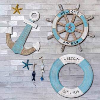 1pc/2Pcs/3Pcs Nautical Wall Decor Kit - Wooden Anchor, Rudder And Life Buoy With "Welcome Aboard" And " Head" Stamp, Marine Themed Hanging Wall Decor, Interior Nautical Decor, No Electricity Required