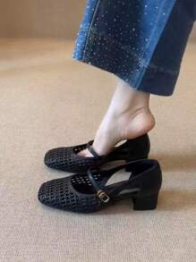 2025 New French Retro Leather Square Toe Woven Hollow Mary Jane Shoes, Mid Heel Strap Flats, Chinese Style Strap Flats For Women