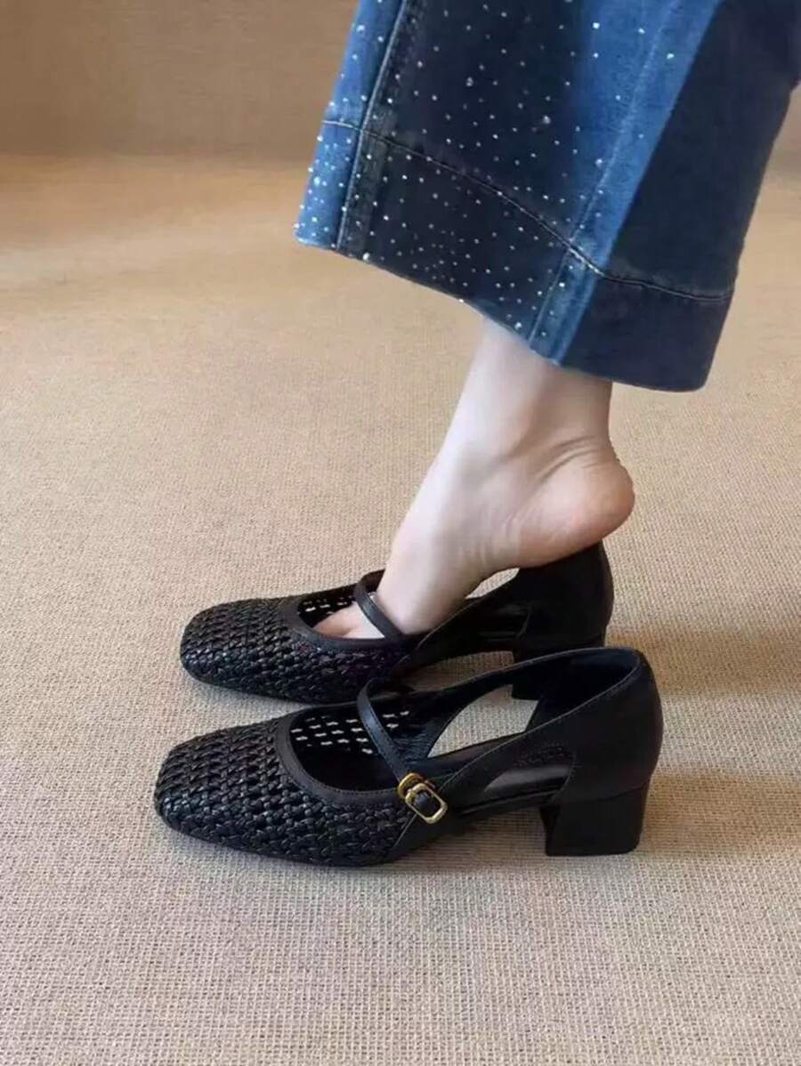 2025 New French Retro Leather Square Toe Woven Hollow Mary Jane Shoes, Mid Heel Strap Flats, Chinese Style Strap Flats For Women