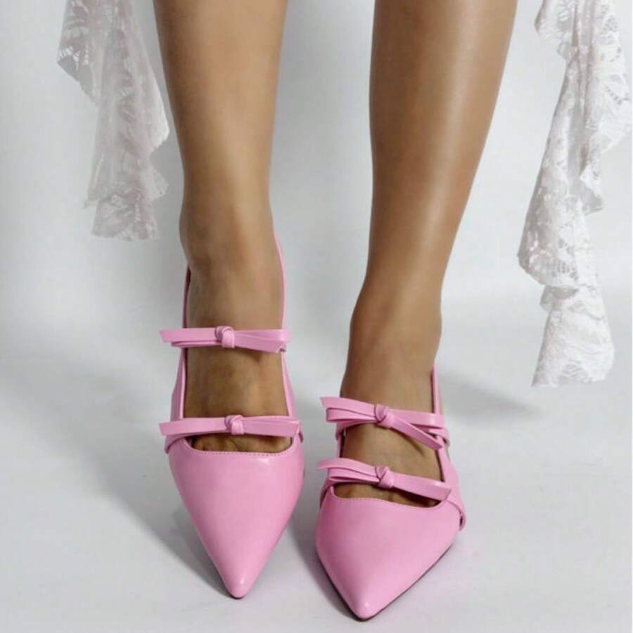 Spring/Summer New Bowknot Patent Leather Pointed Toe Stiletto High Heel Sandals With Ankle Strap - PEACH PUZZ - View 1