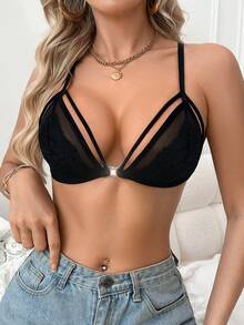 Mature Charm - Elegant Romantic - Pastoral Romantic - French Nylon Front Closure Wireless/Underwire-Free/Unpadded Lace & Mesh Splice Supportive Bra - Black - View 3