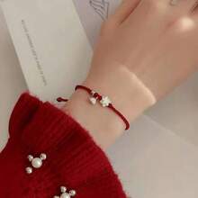 1pc Lucky Lotus Flower Bracelet, Suitable For Daily Wear - Red - View 2