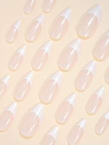 24片杏仁形美甲贴纸套装，瞬间提升您的美甲造型！优雅的法式白色，精致的粉色闪粉，时尚的奶油白法式闪粉美甲贴纸，全覆盖设计，适合女性和女孩。套装包含1张美甲贴纸、1个迷你指甲锉和1瓶果冻胶。美甲用品随机发货。 - 白色 - 查看 5