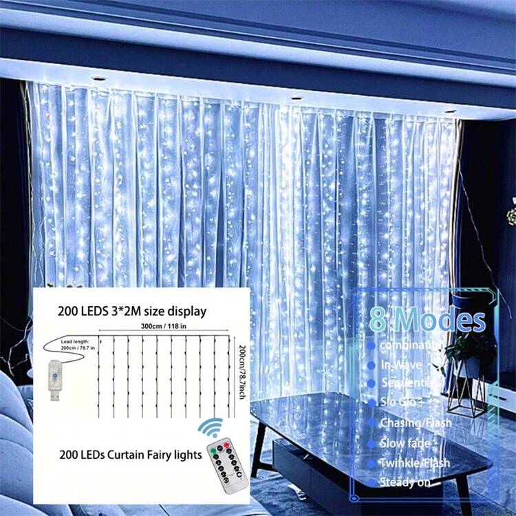 8 种照明模式 LED 窗帘仙女灯，USB 供电，带遥控器，适用于圣诞节、万圣节、生日、派对、卧室、婚礼、花园、节日装饰 - USB窗簾燈 - 查看 24