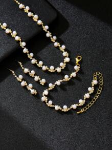 4pcs Women Jewelry Set - Necklace, Earrings, Bracelet, Geometric Pattern, Elegant, Bridal, Thanksgiving