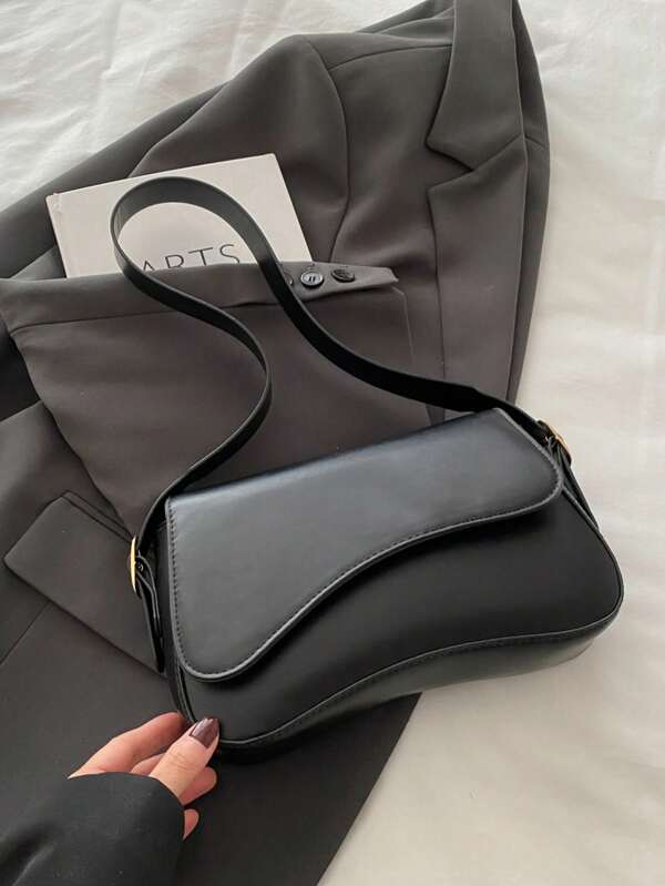 1 pieza Bolso de hombro con solapa de piel de PU de unicolor para mujer, bolso cuadrado versátil y casual, adecuado para viajes, trabajo y uso diario