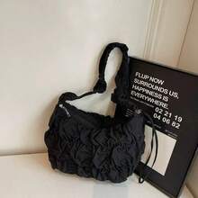 Korean Pleated Beach Cloud Tote Bag, Women's 2025 New Drawstring Shoulder Bag, Large Capacity Nylon Cloth Crossbody Shoulder Bag, Shoulder Bag, Women's Bag, Shoulder Bag - màu đen - Xem 6