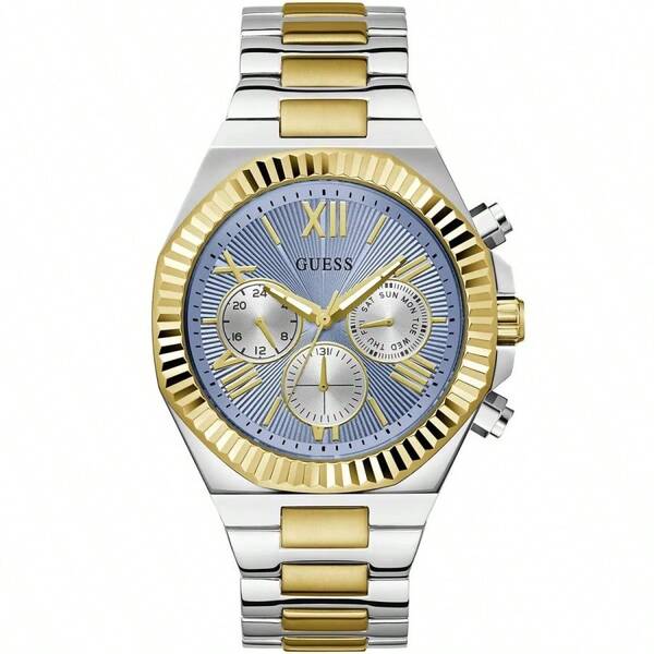 Guess Multi Functional Quartz Watch With A Vintage Watch Dial, Stainless Steel, Light Blue Dial, Luxurious Summer Beach Accessory Watch, Fashionable Men's Steel Bracelet, Casual And Charming Business Style, As A Gift For Her And Him, Anniversaries, Father's Day.GW0703G3
