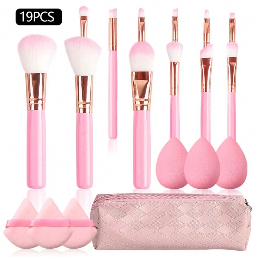 Juego de brochas de maquillaje para principiantes, set de 19 piezas de 12 brochas de maquillaje, 3 piezas de huevo sin polvo, 3 piezas de esponja triangular en polvo, 1 bolsa de almacenamiento de piezas - 12 piezas - Ver 1