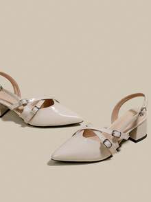 女士米色漆皮尖头单带粗跟高跟鞋，优雅尖头正式高跟鞋，时尚露跟高跟鞋 - 米色 - 查看 3