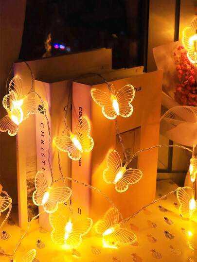 1串10/20颗LED透明蝴蝶造型装饰灯串，女士卧室蝴蝶灯，电池供电，暖光/彩色灯光可选，适合情人节装饰