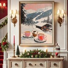 1 pezzo, Quadro su tela, Decorazione natalizia da parete incorniciata, Stampa artistica di una ragazza con cioccolata calda, Stampa artistica di un carrello bar da stazione sciistica, Decorazione moderna da caffè con scena invernale, Decorazione natalizia per la casa, Arte da parete minimalista, Arte moderna, Decorazione contemporanea per la casa, Decorazione da parete per il soggiorno