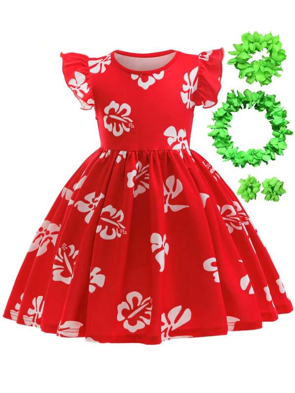 Girls Hawaiian Style Dress With White Leaf Print -Includes Luau Flower Lei Set Halloween Christmas Cosplay Costumes Hula