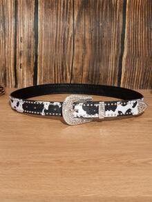1条男士西部风格哑光雕刻黑白奶牛纹铆钉腰带，百搭配饰，适合夏季、秋季、万圣节、秋冬季节，适合青少年、青年、男士，休闲、户外、运动、度假、毕业礼物、生日礼物、日常佩戴 - 黑白奶牛紋鉚釘 - 查看 3