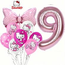 11 قطعة من سلسلة سانريو هالو كيتي، بالونات وردية مطبوعة بشعار هالو كيتي، بالونات وردية بشكل فيونكة وأرقام، مجموعة لحفلة عيد الميلاد العائلية