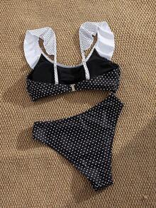 Women's Sexy Fashion Black 2-Piece Swimsuit, Ruffle Trim Design, Perfect For Summer Beach Vacation, Bikini Set With Random Print Pattern - Black - View 3