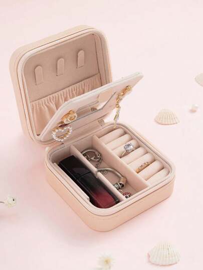 1 pieza Joyero con espejo, joyero de viaje con cremallera portátil, joyero de viaje y hogar sencillo, joyero mini personalizado y de moda para aretes, collares, anillos, caja de almacenamiento de joyas a prueba de polvo, caja de almacenamiento de joyas y tocador, perfecta para almacenar anillos, colgantes, aretes, corbatas, pulseras, gran regalo para novia, aniversario de madre, San Valentín, Navidad, Año Nuevo, regalos para hombres y mujeres