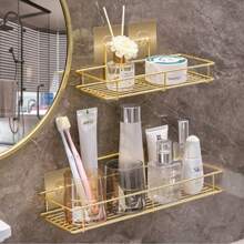 Luxury Wall-Mounted Bathroom Organizer Rack, No Drilling Required, Vanity Storage Shelf For Toiletries - Gold - View 1