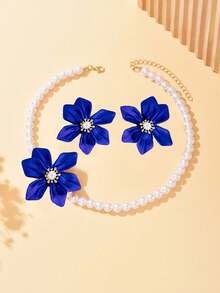 3 Stücke elegantes Halsketten + Ohrringe Schmuckset für Frauen, französischer romantischer Palast-Stil, Kunstperle, 3D rote gewebte Acrylblumen Design, geeignet für den täglichen Gebrauch, Bankette, luxuriöses Geschenk - Blau - Übersicht 4
