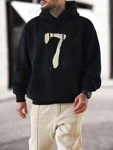 Men's Casual Number "7" Print Pocket Drawstring Hoodie, Autumn/Winter, Long Sleeve Top - Black - View 4