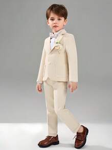 4-Piece Young Boy Formal Suit Boys Suit Elegant Beige Suit Vest Trousers With Bowknot Suitable For Weddings And Various Formal Occasions All Seasons