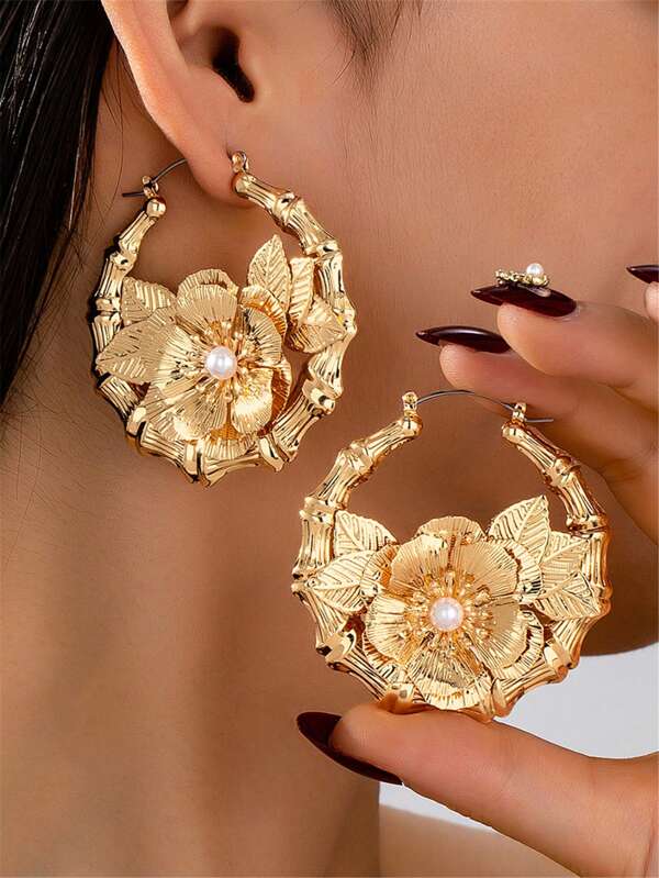 1 par de pendientes colgantes de aro grande de bambú con nudo exagerado y metalizado para mujeres, accesorios de joyería para fiestas, viajes y días festivos