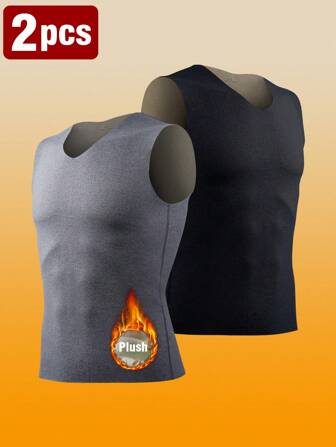 2pcs Men Double-Sided Fleecy Seamless Unisex Vest, Contoured Fit Undershirt With Brushed Lining, Fall / Winter