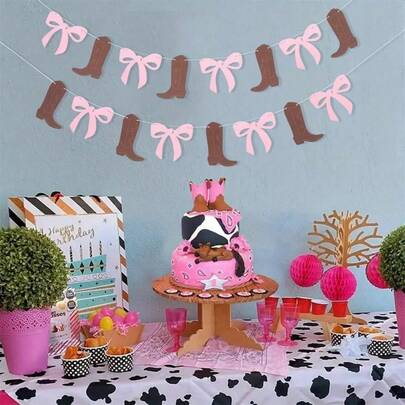 2个蝴蝶结靴子拉旗，性别揭晓横幅（靴子或箭） - 粉色和棕色牛仔主题派对装饰，耐用纸质背景，适用于生日、婚礼、新娘送礼会、婴儿送礼会、西部主题活动 - 无需用电，性别揭晓装饰 | 乐观设计 | 纸质横幅，性别揭晓装饰，适合家庭、办公室