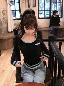 女士休闲条纹撞色罗纹边口袋针织毛衣，情人节，春夏款 - 黑色 - 查看 1
